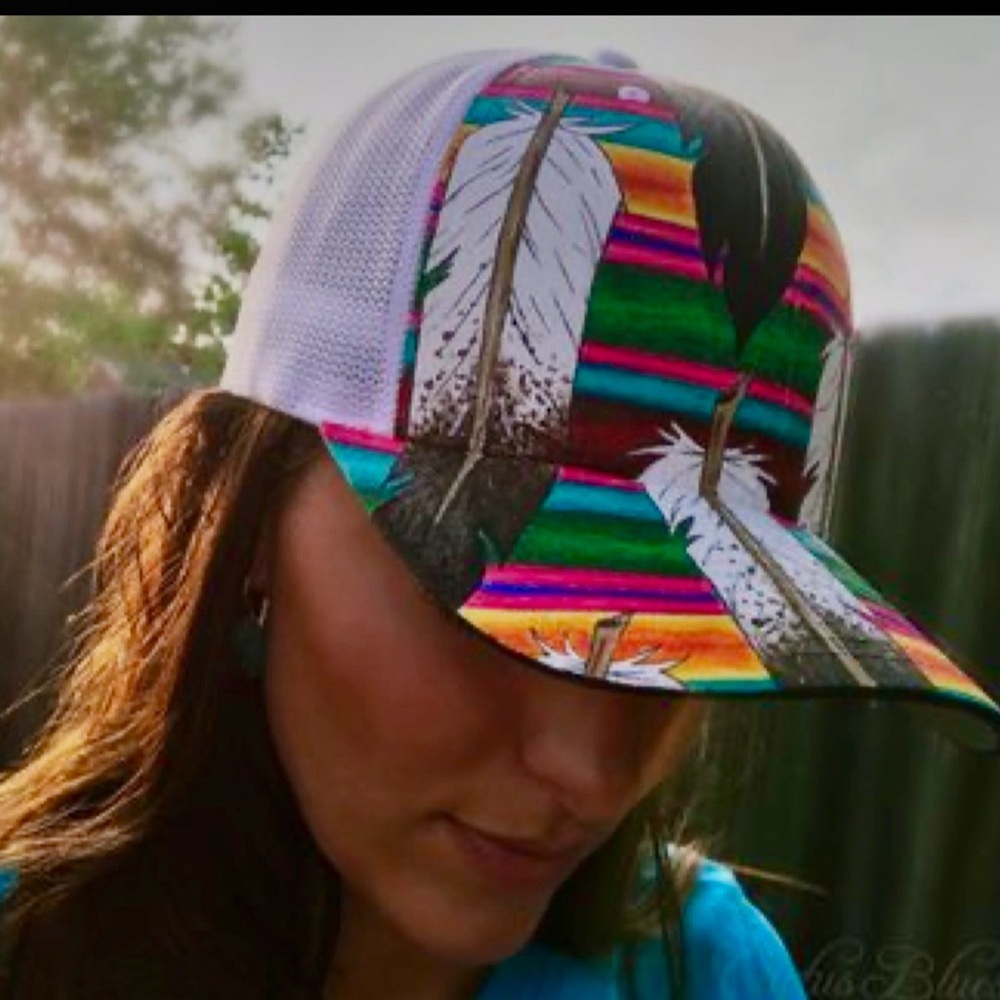Boho Hand Painted Colorful Feather Print Cap